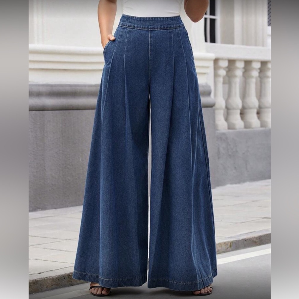 Wide Leg Dark Blue Jeans for Women - Denim Palazzo Pants - Picture 5 of 5